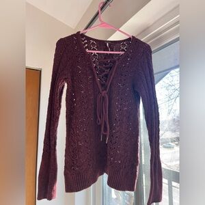 Free People Ginger Criss Cross Lace Up Sweater Burgundy XS